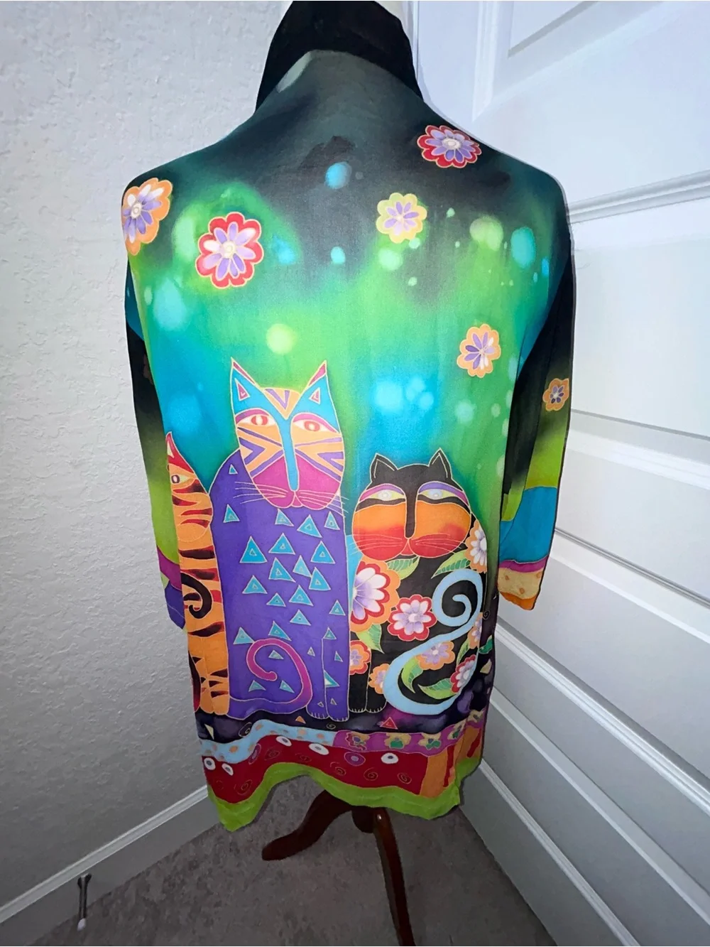 Cat Art Deco 100% Silk Open Front Sheer Kimono Statement Top - Picture 9 of 10